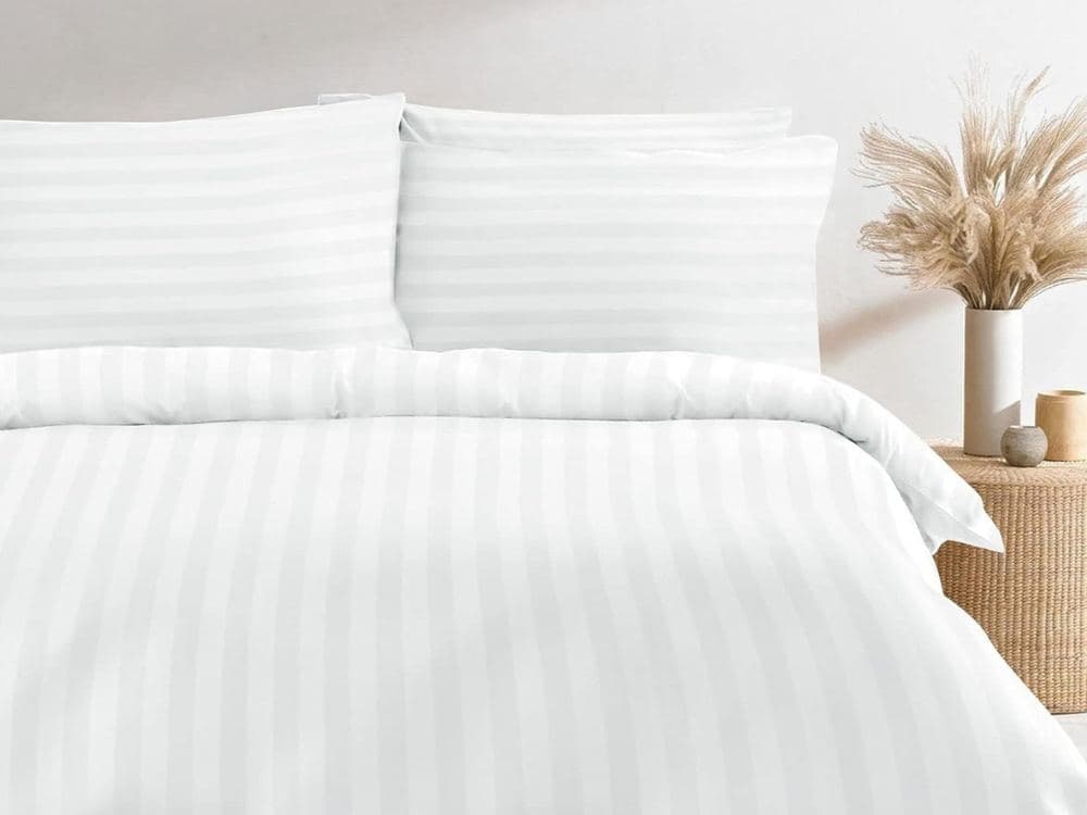 100% Cotton Sateen Stripe 300TC Classic Duvet Cover Set – White: product photo