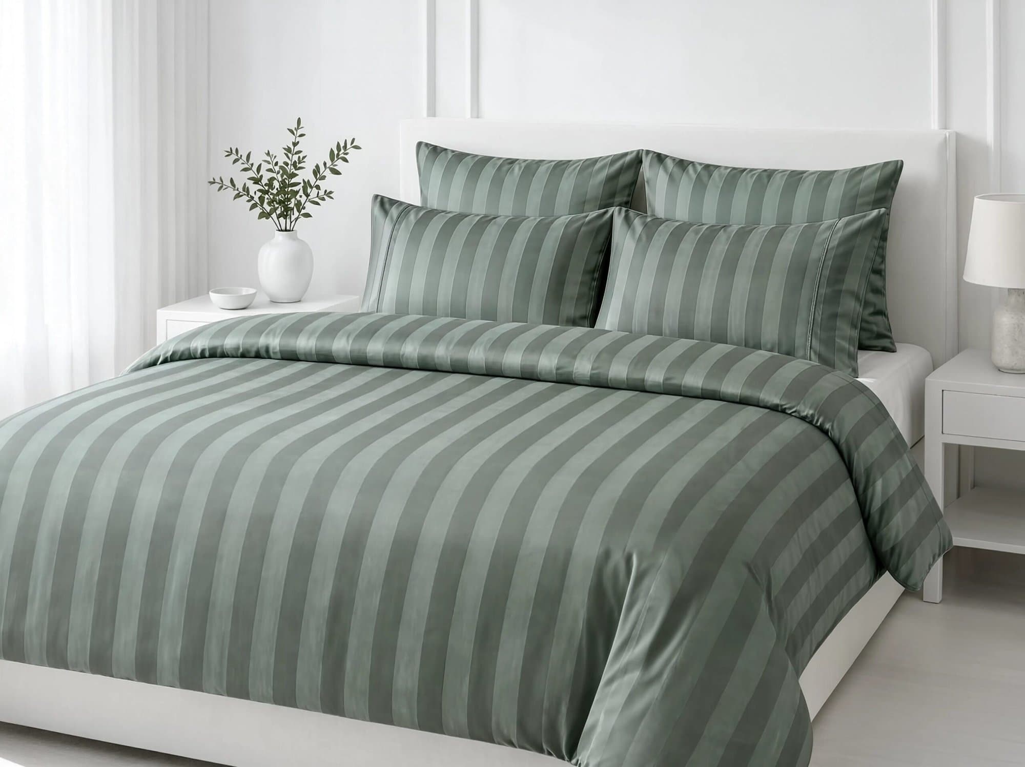 Grey Naples 300TC cotton duvet cover set on a made-up bed, from the C4G linen range quoted in USD and ZMW for Zambia